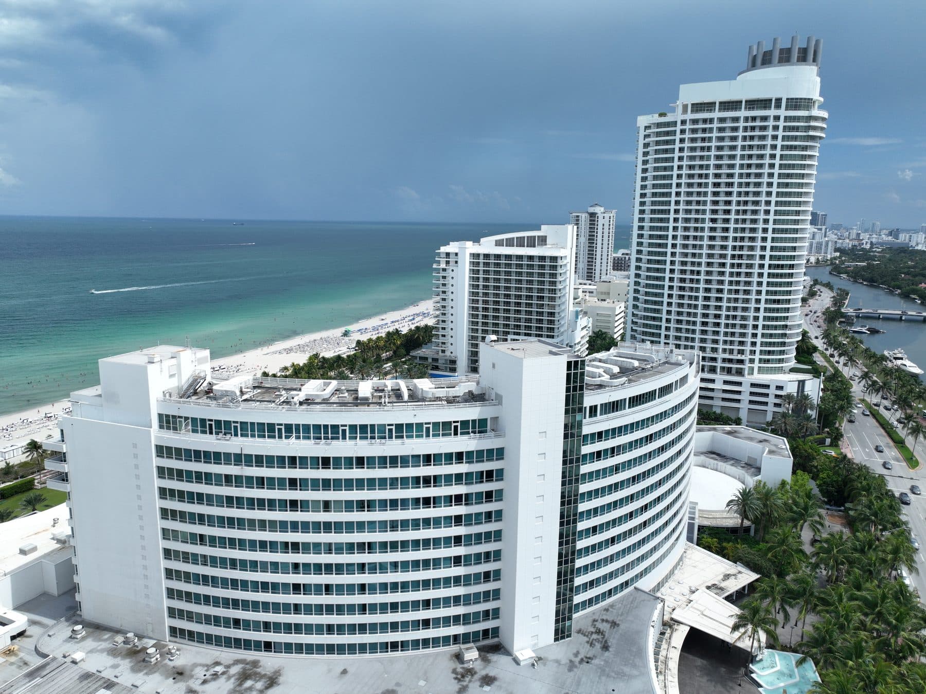 Aerial view of the Fontainebleau Miami Beach resort along the oceanfront